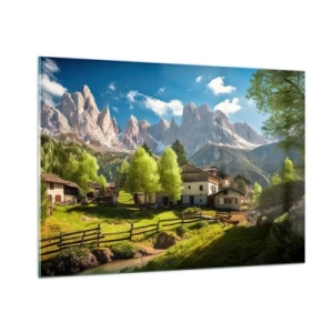 Quadro su vetro - Sviluppo rurale tra il verde ai piedi delle vette alpine - 100x70cm - Idillio alpino - Decorazione murale moderna per soggiorno e camera da letto ARTTOR