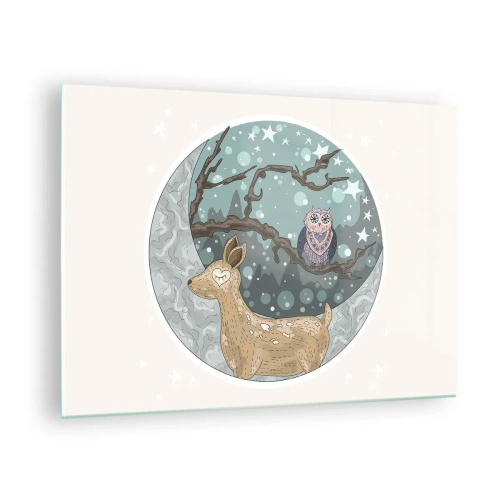 Quadro su vetro - Illustrazione di un cervo e un gufo in un ambiente magico - 70x50cm - Notte fiabesca nel bosco - Decorazione murale moderna per soggiorno e camera da letto ARTTOR