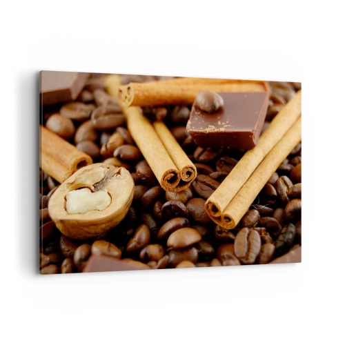 Quadro su tela - Stampe su Tela - Chicchi di caffè con bastoncini di cannella, cioccolato e noci. - 100x70cm - Concerto di sapori - Decorazione murale moderna per soggiorno e camera da letto ARTTOR