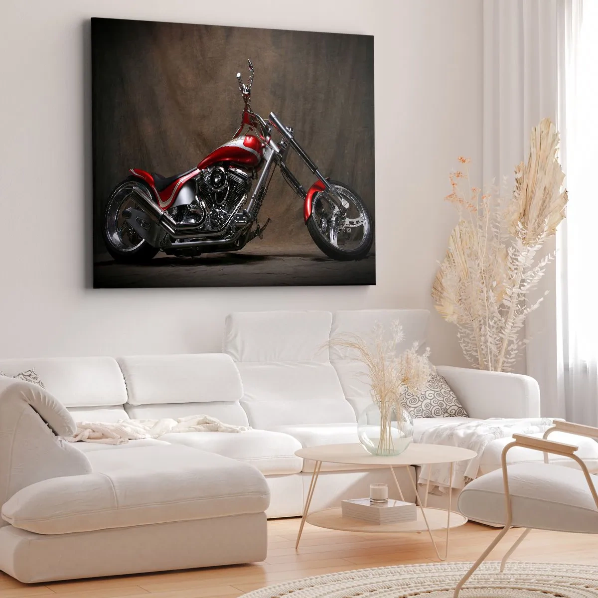 Quadro su tela - Stampe su Tela - Motocicletta personalizzata rossa su sfondo in tessuto marrone - 120x80cm - Bellezza in rosso e argento - Decorazione murale moderna per soggiorno e camera da letto ARTTOR