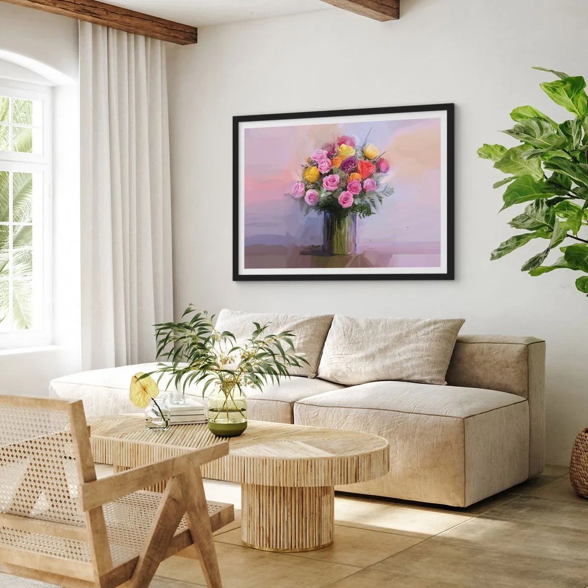 Poster in cornice nera - Un mazzo di rose colorate in un vaso di vetro - 100x70cm - Bellezza immobile - Decorazione murale moderna per soggiorno e camera da letto ARTTOR