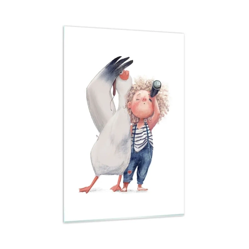 Quadro su vetro - Illustrazione di un bambino con un pellicano e un telescopio in mano - 80x120cm - Il progetto di un grande viaggio - Decorazione murale moderna per soggiorno e camera da letto ARTTOR