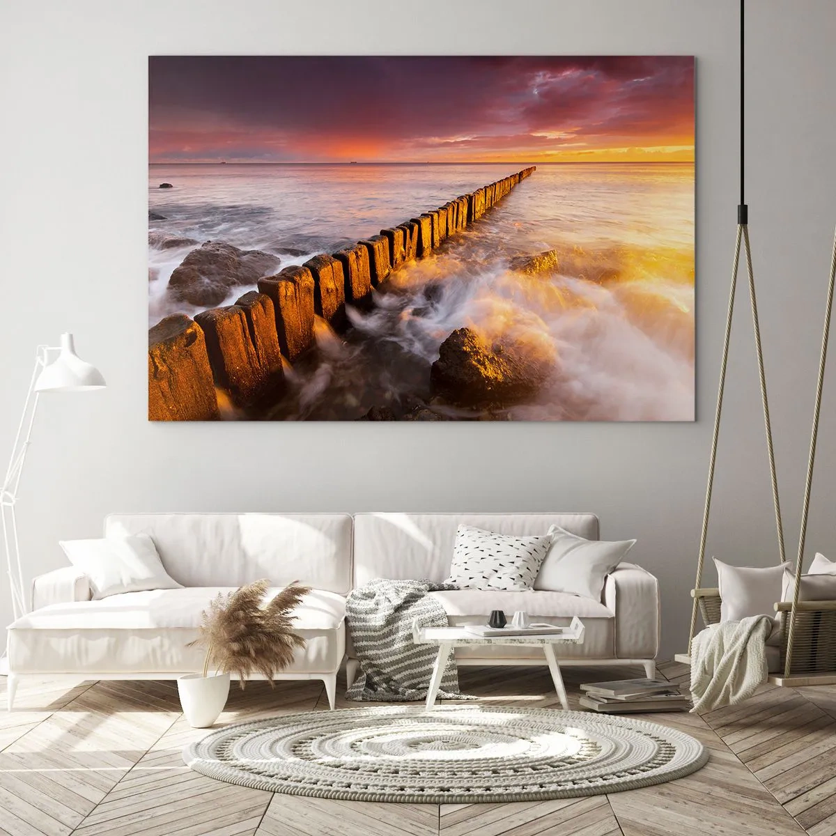 Quadro su vetro - Tramonto sul mare con frangiflutti in legno - 120x80cm - La mitezza delle onde - Decorazione murale moderna per soggiorno e camera da letto ARTTOR