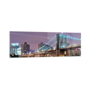 Quadro su vetro - Ponte di Brooklyn di notte con la città illuminata sullo sfondo - 160x50cm - Da tanti anni il ponte di Brooklyn - Decorazione murale moderna per soggiorno e camera da letto ARTTOR