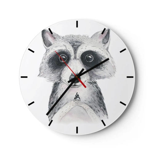 Orologio da parete - Orologio in Vetro - Un simpatico procione disegnato in bianco e nero - 30x30cm - Un attimo di commozione - Decorazione murale moderna per soggiorno, cucina e camera da letto ARTTOR