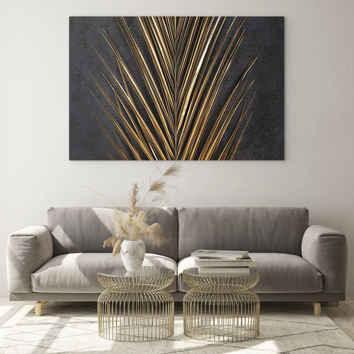 Quadro su vetro - Foglia di palma dorata su sfondo scuro - 120x80cm - L'oro dei tropici - Decorazione murale moderna per soggiorno e camera da letto ARTTOR