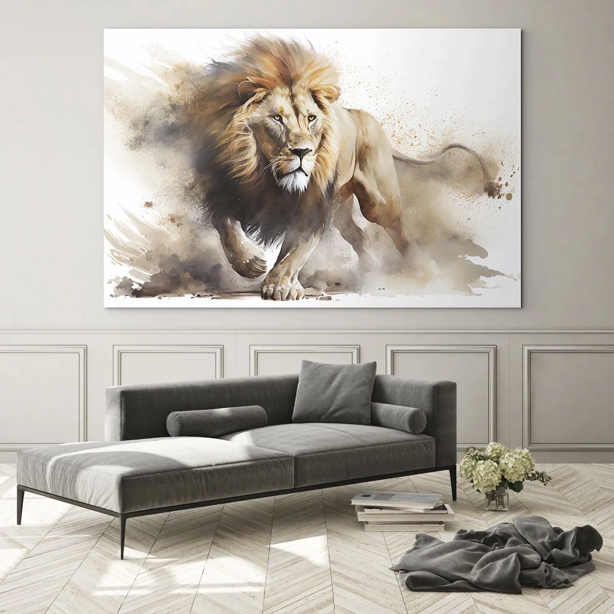 Quadro su vetro - Uno scatto dinamico in stile acquerello di un leone che corre - 120x80cm - Il re si è mosso - Decorazione murale moderna per soggiorno e camera da letto ARTTOR
