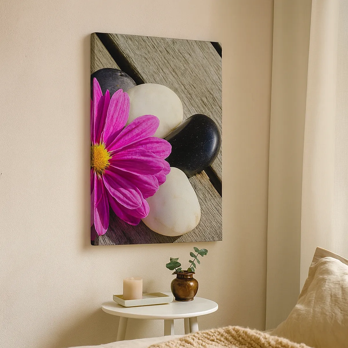 Quadro su tela - Stampe su Tela - Fiore rosa su uno sfondo di assi di legno con pietre - 50x70cm - Riposo sul molo - Decorazione murale moderna per soggiorno e camera da letto ARTTOR