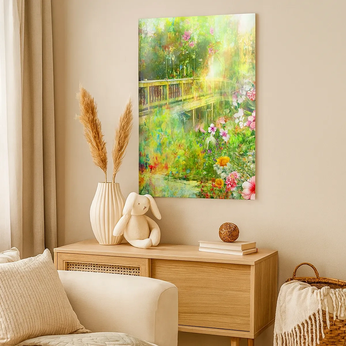 Quadro su tela - Stampe su Tela - Un ponte circondato da una vegetazione lussureggiante e fiori - 50x70cm - Il ponte dei sospiri primaverili - Decorazione murale moderna per soggiorno e camera da letto ARTTOR