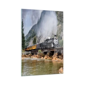 Quadro su vetro - Una locomotiva a vapore su un ponte in montagna - 50x70cm - Dove andiamo? - Decorazione murale moderna per soggiorno e camera da letto ARTTOR