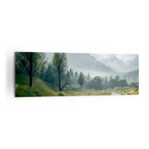 Quadro su tela - Stampe su Tela - Un paesaggio montano con un fiume e alberi circondati da montagne nebbiose - 160x50cm - Andata e ritorno - Decorazione murale moderna per soggiorno e camera da letto ARTTOR