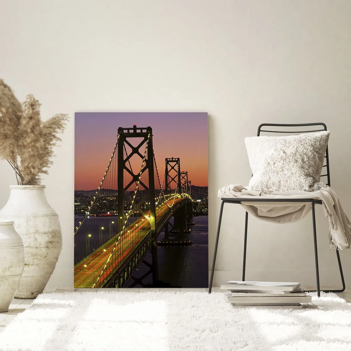 Quadro su vetro - Il ponte di notte in città e la luce del tramonto - 50x70cm - Serata in viola - Decorazione murale moderna per soggiorno e camera da letto ARTTOR