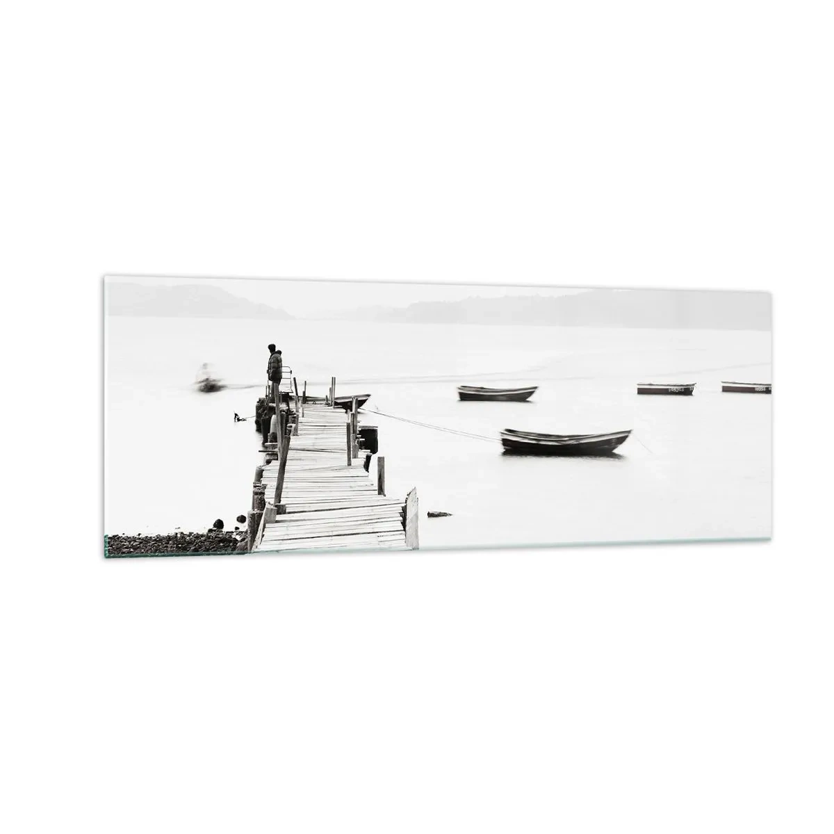 Quadro su vetro - Molo di legno e barche in acque calme - 140x50cm - Sull'acqua silenziosa e pura - Decorazione murale moderna per soggiorno e camera da letto ARTTOR