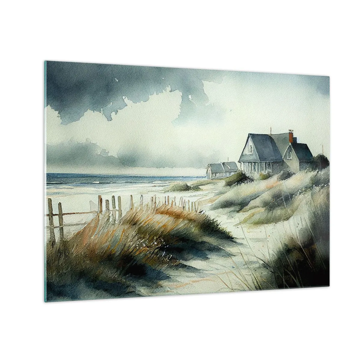 Quadro su vetro - Case sulle dune in riva al mare sotto un cielo nuvoloso - 70x50cm - Lontano dal caos - Decorazione murale moderna per soggiorno e camera da letto ARTTOR