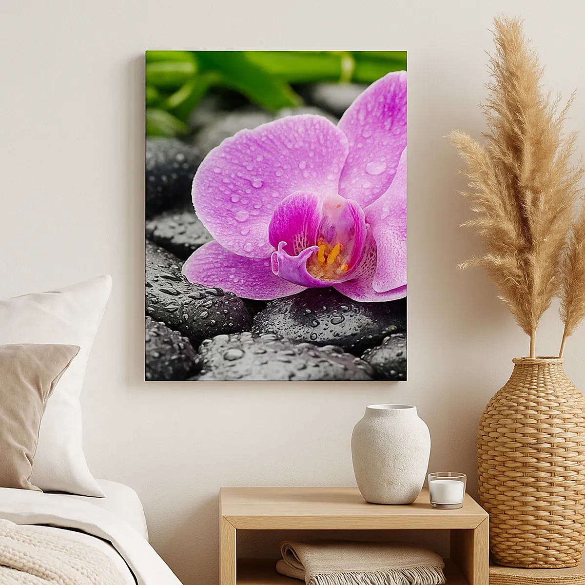 Quadro su tela - Stampe su Tela - Orchidea rosa su pietre nere bagnate con foglie verdi - 50x70cm - Come un cuore aperto - Decorazione murale moderna per soggiorno e camera da letto ARTTOR