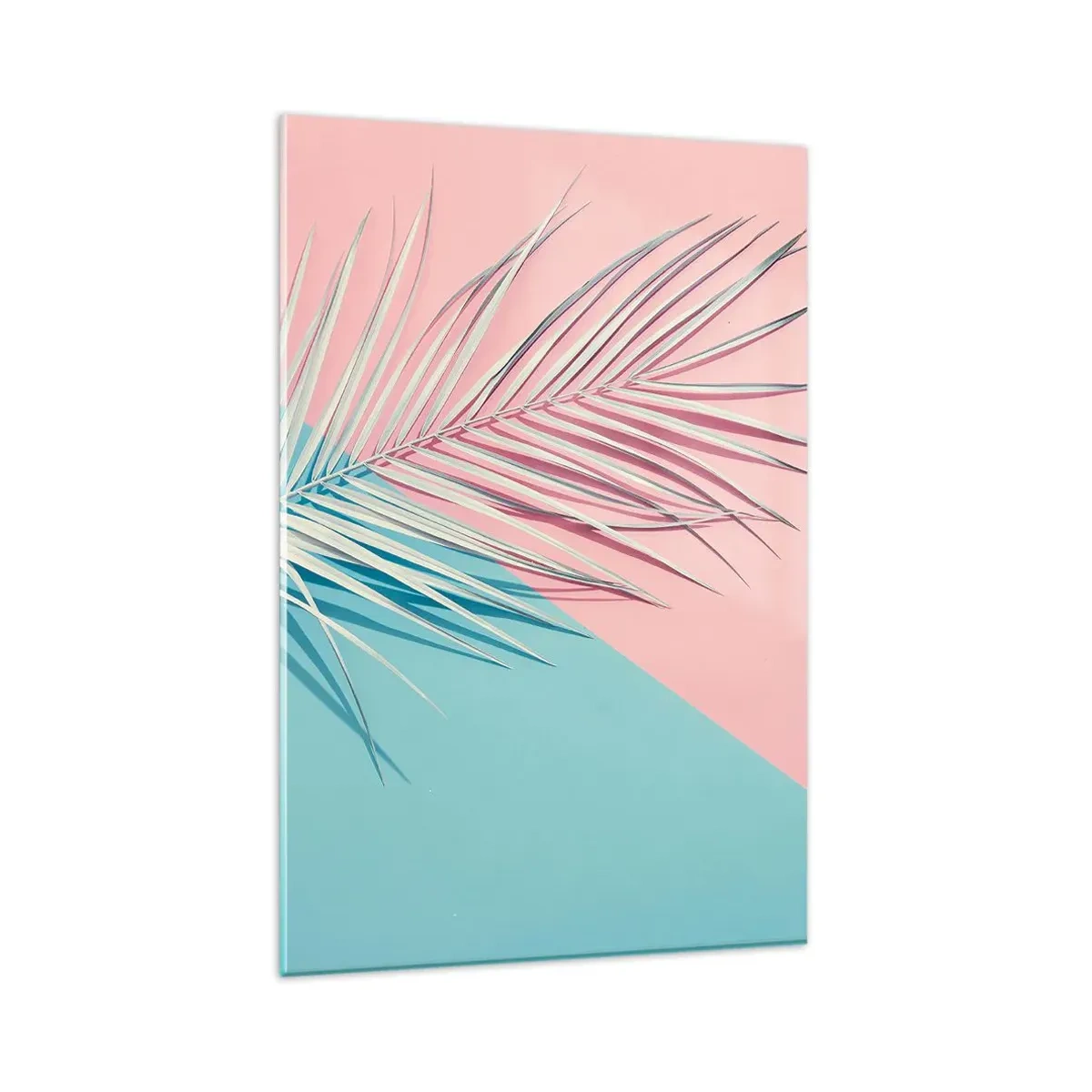 Quadro su vetro - Foglia tropicale su uno sfondo di tonalità pastello di rosa e blu - 80x120cm - Impressione tropicale - Decorazione murale moderna per soggiorno e camera da letto ARTTOR