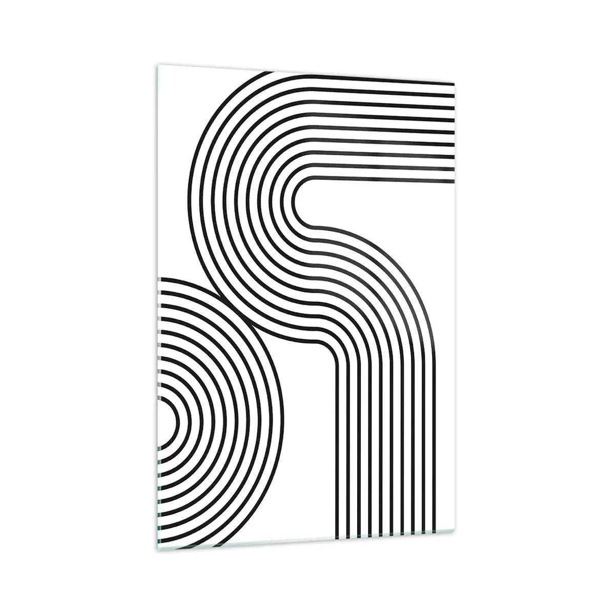 Quadro su vetro - Un dipinto astratto con linee nere che creano motivi geometrici su uno sfondo bianco. - 70x100cm - In curva - Decorazione murale moderna per soggiorno e camera da letto ARTTOR