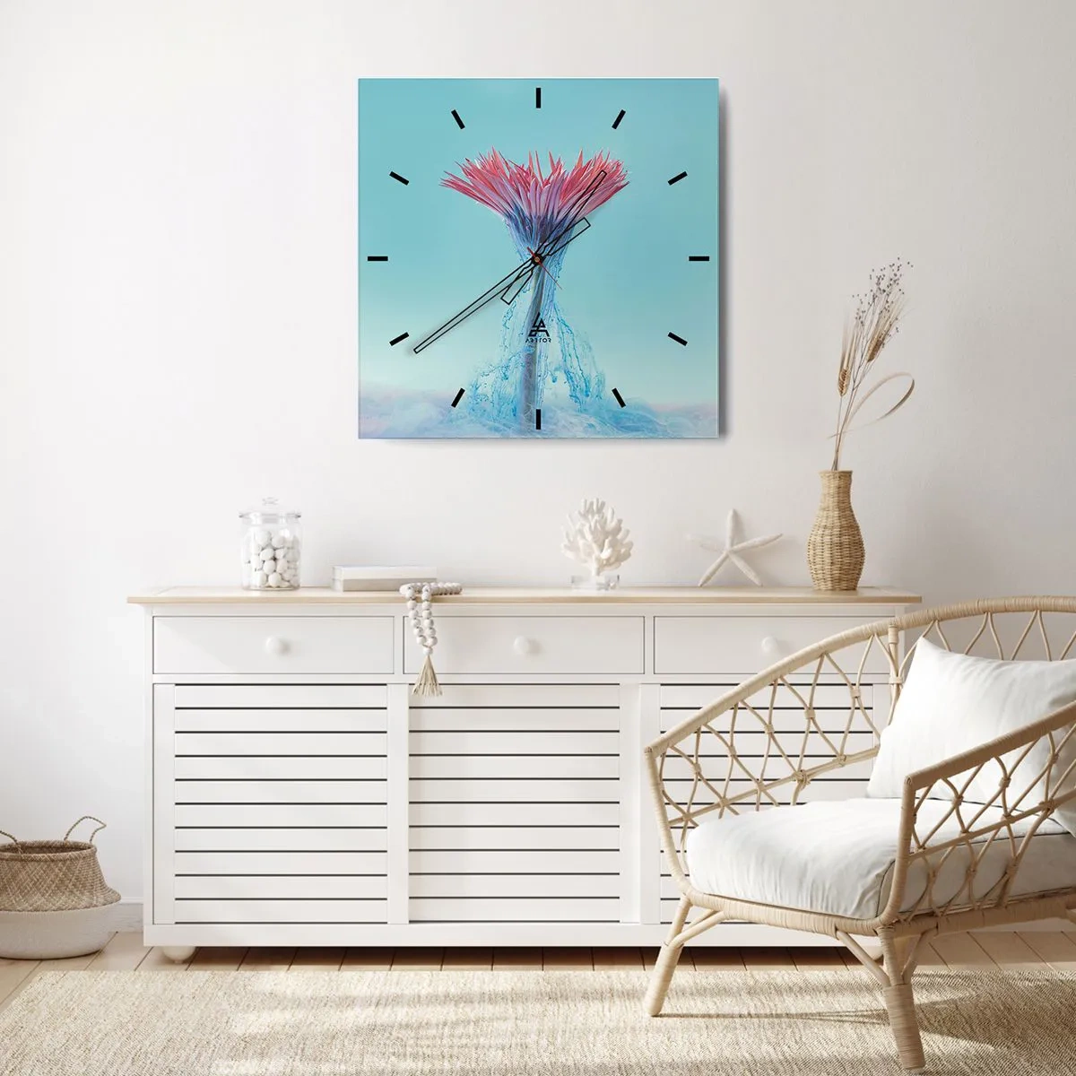 Orologio da parete - Orologio in Vetro - Un fiore rosa e blu in una composizione artistica su uno sfondo pastello - 30x30cm - L'abbraccio che ravviva - Decorazione murale moderna per soggiorno e camera da letto ARTTOR