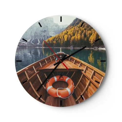 Orologio da parete - Orologio in Vetro - Vista dalla barca di un lago circondato da montagne e foreste - 30x30cm - Gita sui monti - Decorazione murale moderna per soggiorno, cucina e camera da letto ARTTOR
