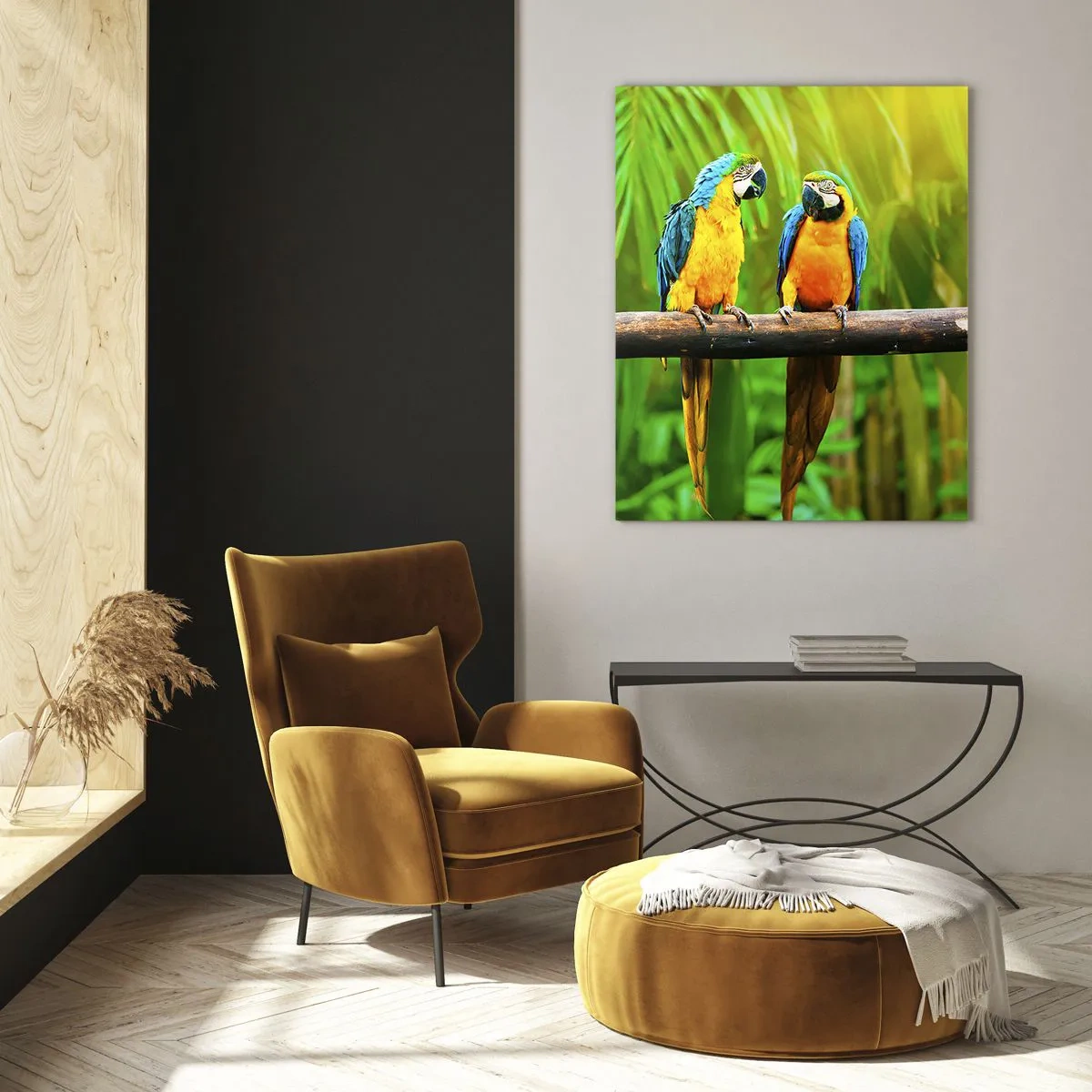 Quadro su vetro - Tre pappagalli ara su un ramo in una foresta tropicale - 50x70cm - Hai sentito che ha fatto? - Decorazione murale moderna per soggiorno e camera da letto ARTTOR