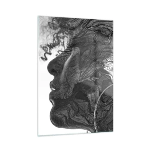 Quadro su vetro - Silhouette in bianco e nero di una donna con linee astratte - 50x70cm - Aggrovigliata nei sogni - Decorazione murale moderna per soggiorno e camera da letto ARTTOR