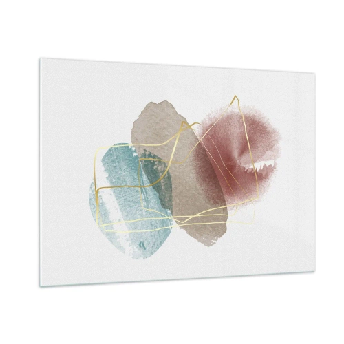 Quadro su vetro - Schizzi di acquerello astratti e linee dorate - 100x70cm - Coralli dello spazio - Decorazione murale moderna per soggiorno e camera da letto ARTTOR