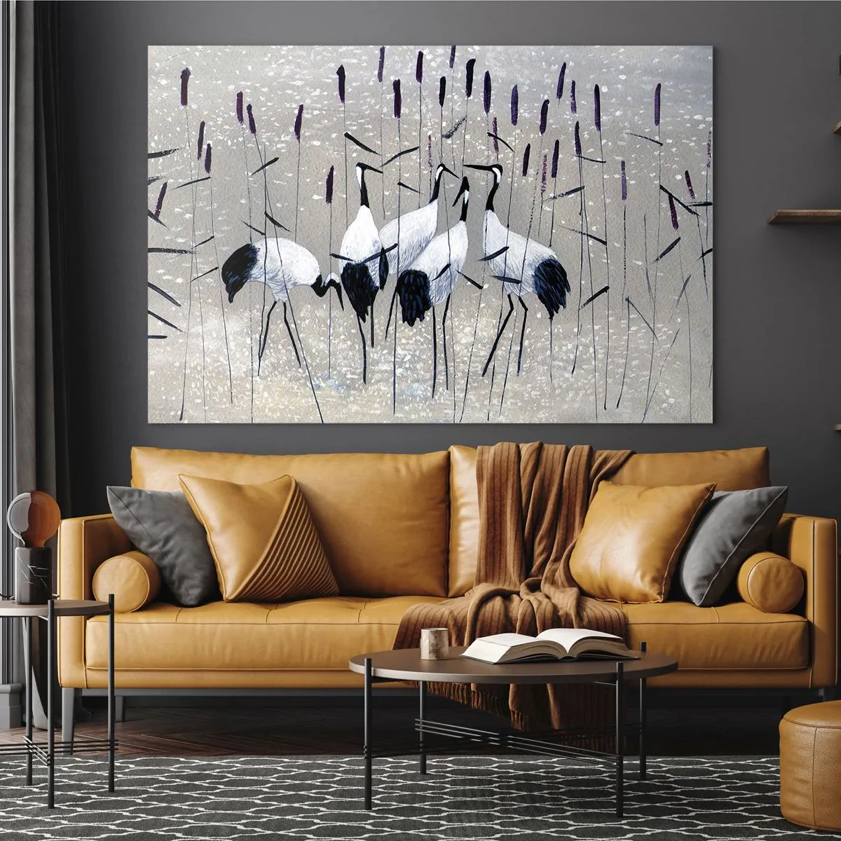 Quadro su vetro - Quattro gru tra le canne in riva al lago - 100x70cm - Tra i suoi - Decorazione murale moderna per soggiorno e camera da letto ARTTOR