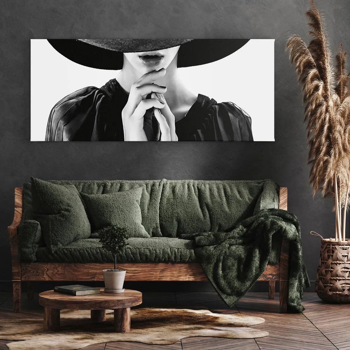 Quadro su tela - Stampe su Tela - Donna elegante con un grande cappello nei toni del bianco e del nero - 160x50cm - Bellezza celata - Decorazione murale moderna per soggiorno e camera da letto ARTTOR