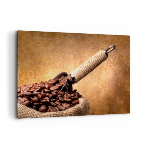 Quadro su tela - Stampe su Tela - Chicchi di caffè in un sacchetto di iuta con un cucchiaio di metallo - 100x70cm - Alla fonte del gusto - Decorazione murale moderna per soggiorno e camera da letto ARTTOR