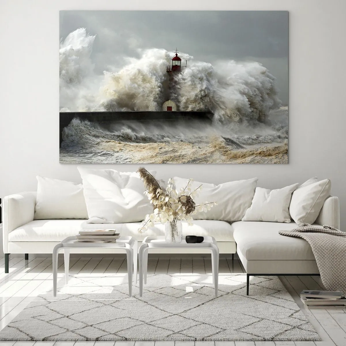 Quadro su vetro - Un faro circondato da onde potenti - 120x80cm - L'ira dell'oceano - Decorazione murale moderna per soggiorno e camera da letto ARTTOR