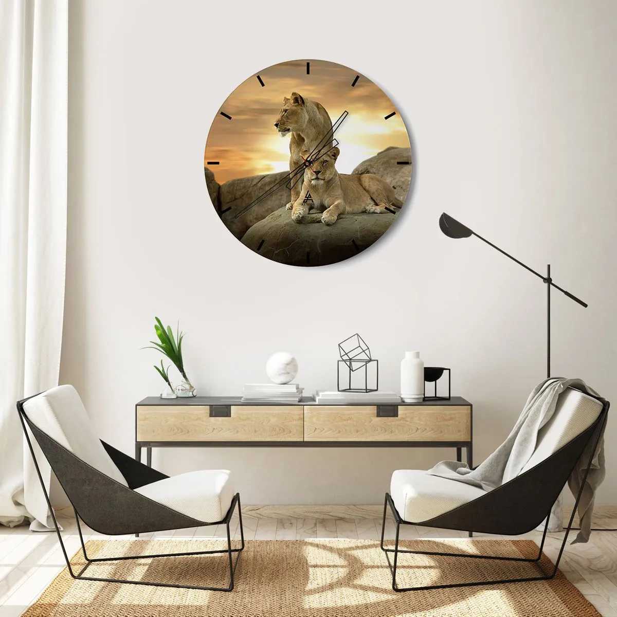 Orologio da parete - Orologio in Vetro - Due leoni contro il sole al tramonto - 30x30cm - Maestà reale - Decorazione murale moderna per soggiorno, cucina e camera da letto ARTTOR