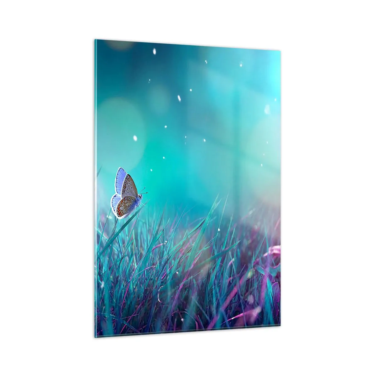 Quadro su vetro - Farfalla sull'erba in luce pastello - 50x70cm - La vita segreta del prato - Decorazione murale moderna per soggiorno e camera da letto ARTTOR