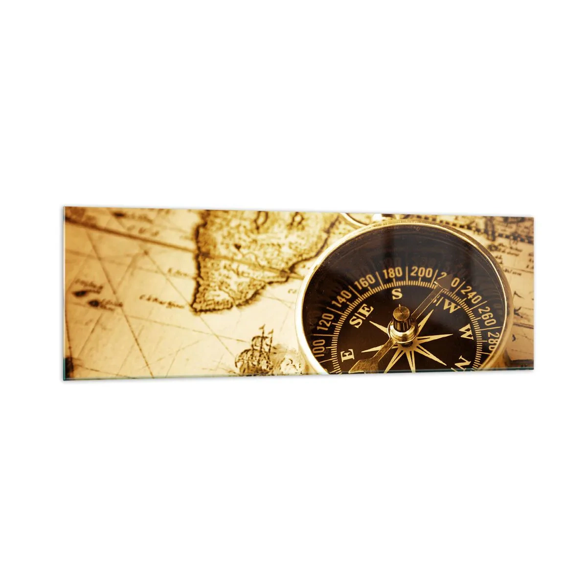 Quadro su vetro - Una bussola antica sullo sfondo di una vecchia mappa del mondo - 160x50cm - A est o a ovest? - Decorazione murale moderna per soggiorno e camera da letto ARTTOR