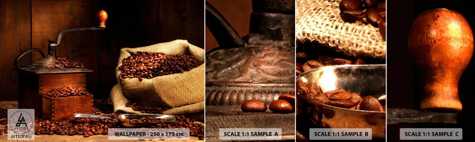 Campione Di Fotomurale Standard Eco - Natura morta con chicchi di caffè e macinino - Gastronomia, Caffè, Macinacaffè - 100x30 cm