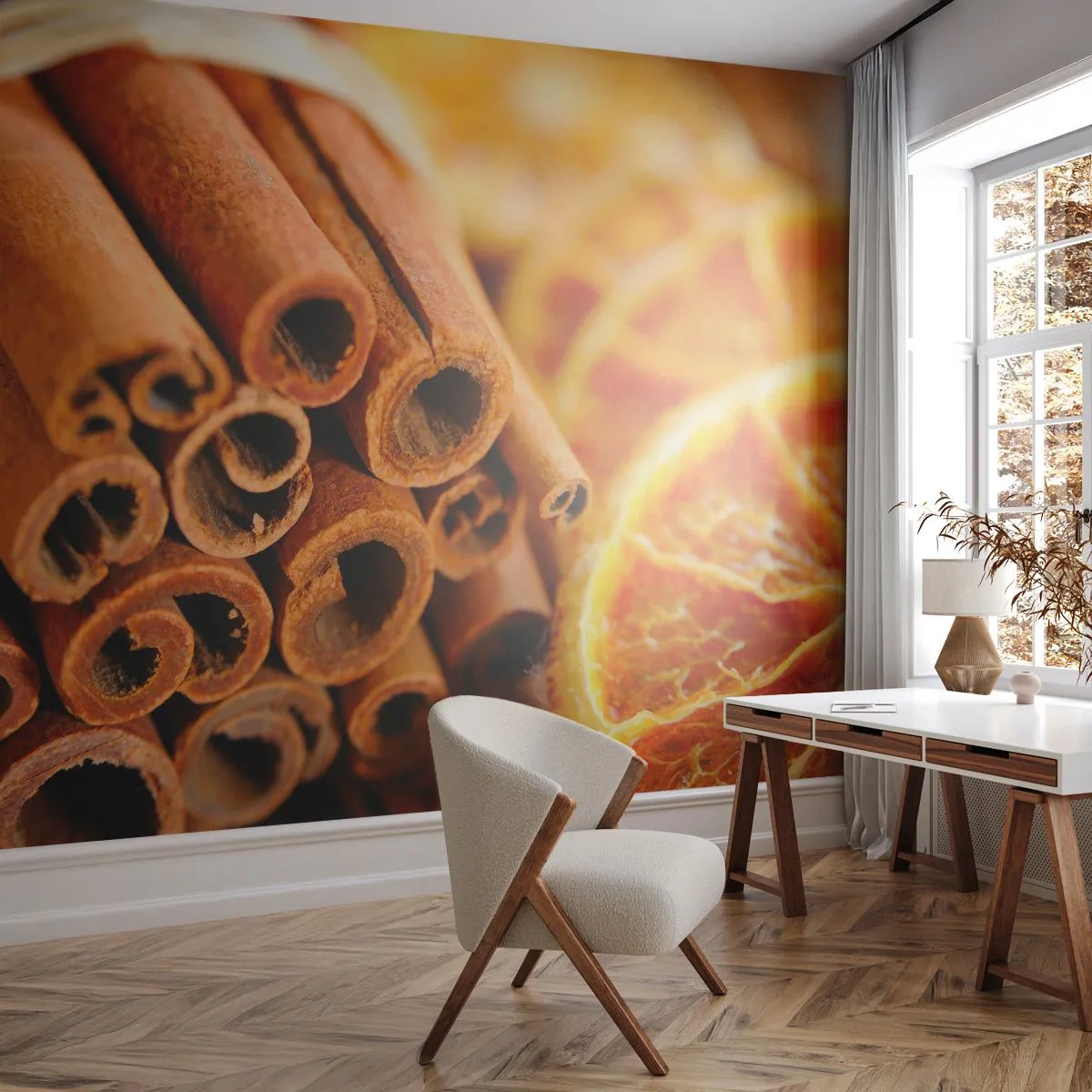 Fotomurali Premium Sand - Senti il loro profumo? - Arancia, Bastoncino di cannella, Spezie - 100x70 cm