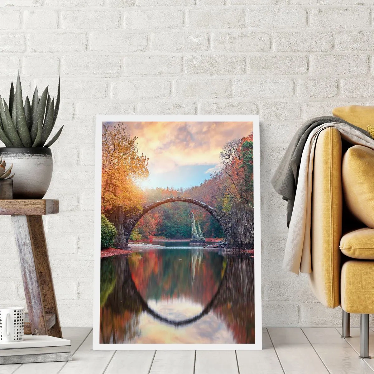 Poster - Un ponte di pietra sopra un lago in uno scenario autunnale - 50x70cm - Dall'altro lato dello specchio - Decorazione murale moderna per soggiorno e camera da letto ARTTOR