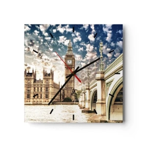 Orologio da parete - Orologio in Vetro - Il Big Ben e il ponte di Westminster illuminati dal sole a Londra - 30x30cm - Cirri sul Tamigi - Decorazione murale moderna per soggiorno e camera da letto ARTTOR