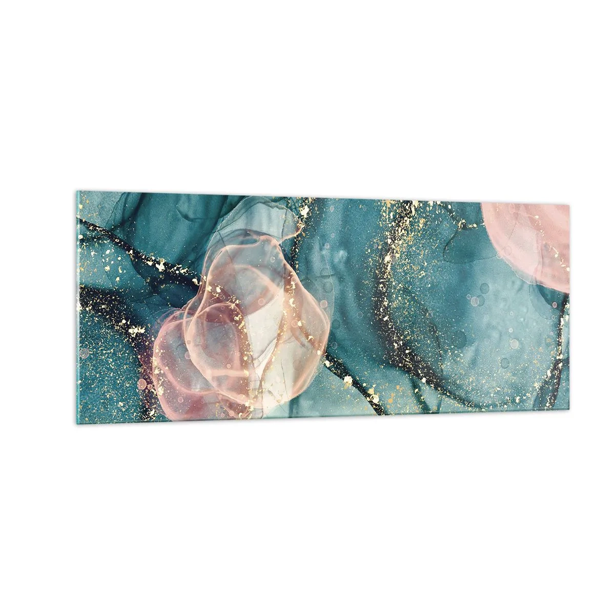 Quadro su vetro - Blu di seta, rosa di tulle - 100x40 cm