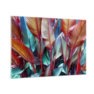 Quadro su vetro - Un colorato groviglio di foglie nelle tonalità del rosso, verde e viola - 100x70cm - Selva colorata - Decorazione murale moderna per soggiorno e camera da letto ARTTOR