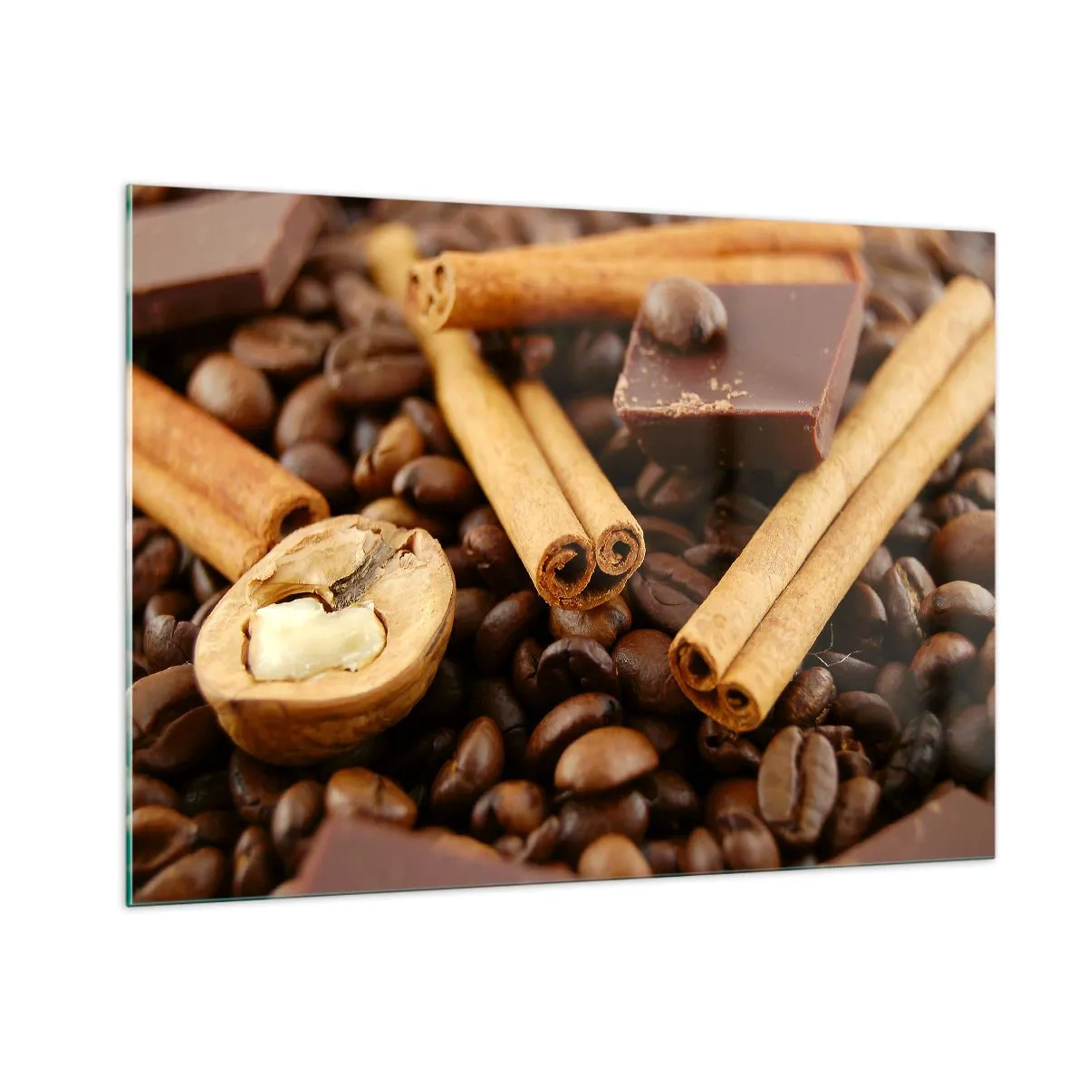 Quadro su vetro - Primo piano di caffè, cannella, cioccolato e noci - 100x70cm - Concerto di sapori - Decorazione murale moderna per soggiorno e camera da letto ARTTOR