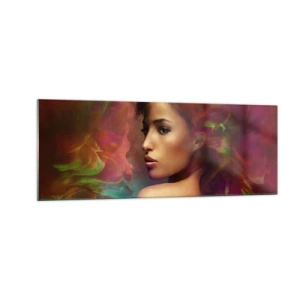 Quadro su vetro - Una donna con riflessi colorati che creano uno sfondo astratto - 140x50cm - Più bella dell'arcobaleno, delicata come la nebbia - Decorazione murale moderna per soggiorno e camera da letto ARTTOR
