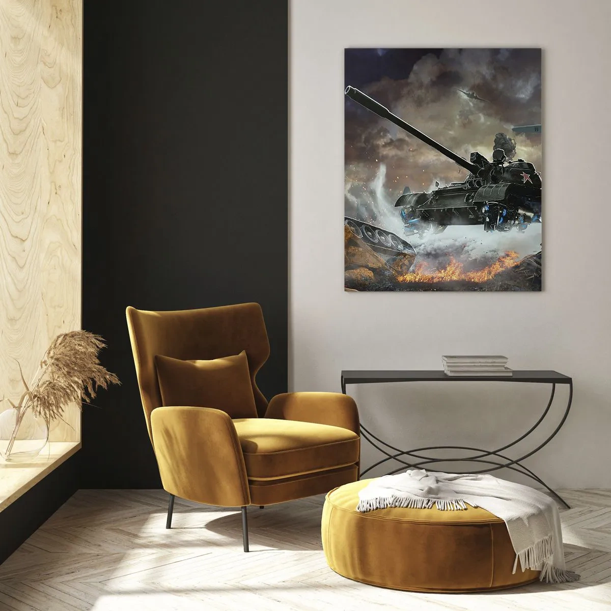 Quadro su vetro - Scena di battaglia con carri armati e aerei sullo sfondo - 70x100cm - La battaglia bella e terribile - Decorazione murale moderna per soggiorno e camera da letto ARTTOR