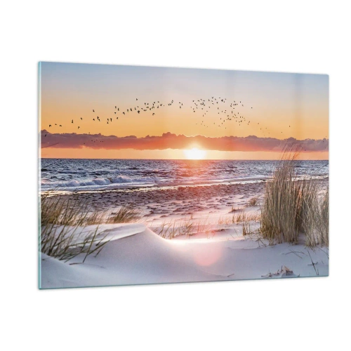 Quadro su vetro - Tramonto sul mare con uccelli e dune di sabbia - 120x80cm - Paesaggio orizzontale - Decorazione murale moderna per soggiorno e camera da letto ARTTOR