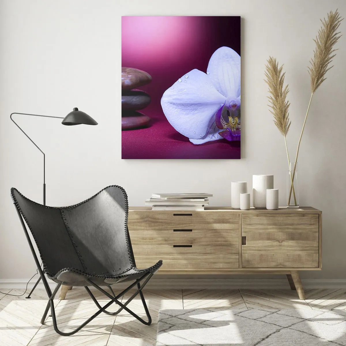 Quadro su vetro - Orchidea bianca e pietre su sfondo rosa - 70x100cm - Studio di freschezza in viola - Decorazione murale moderna per soggiorno e camera da letto ARTTOR