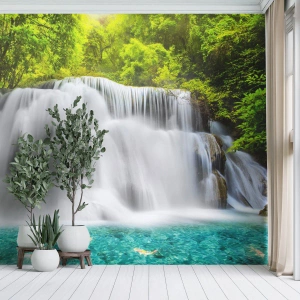 Fotomurali Premium Canvas - Cascata spumeggiante dal verde all'azzurro - Paesaggio, Cascata, Parco Nazionale - 350x256 cm