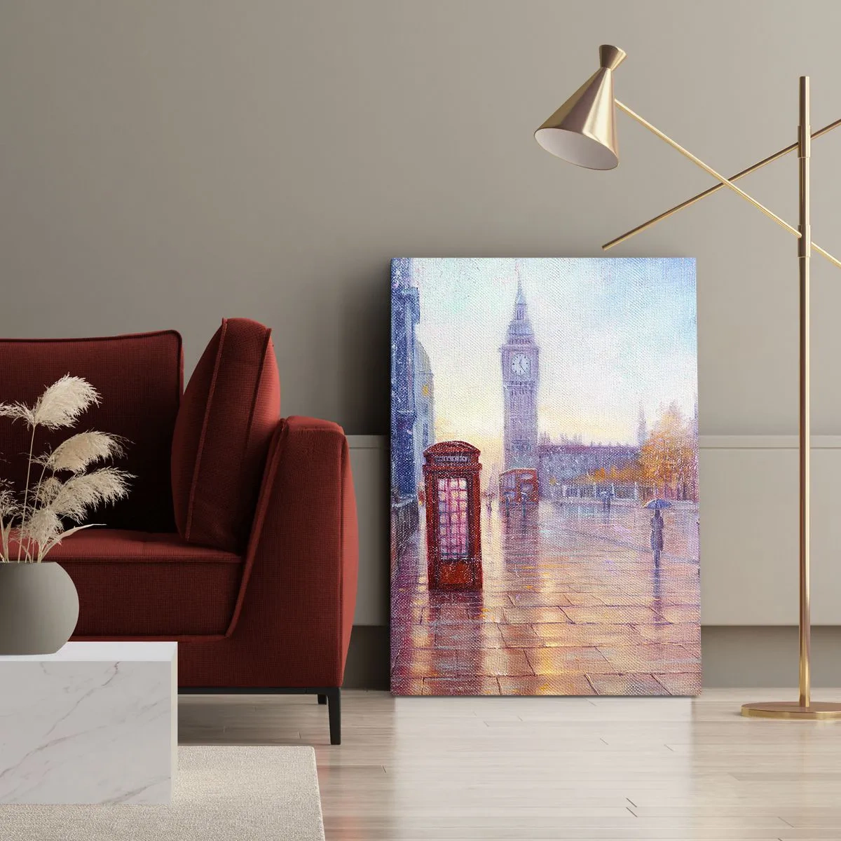 Quadro su tela - Stampe su Tela - Strada di Londra con il Big Ben in una giornata piovosa - 50x70cm - Giorno d'autunno a Londra - Decorazione murale moderna per soggiorno e camera da letto ARTTOR