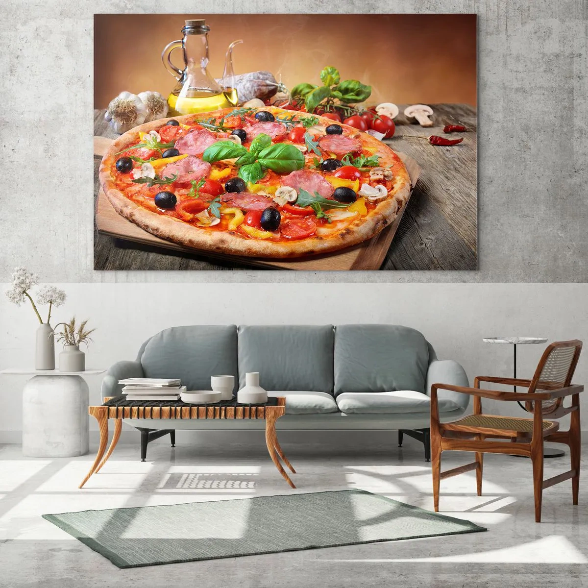 Quadro su vetro - Pizza con condimenti su un tavolo di legno con olio d'oliva e spezie - 70x50cm - Con gusto veramente italiano - Decorazione murale moderna per soggiorno e camera da letto ARTTOR