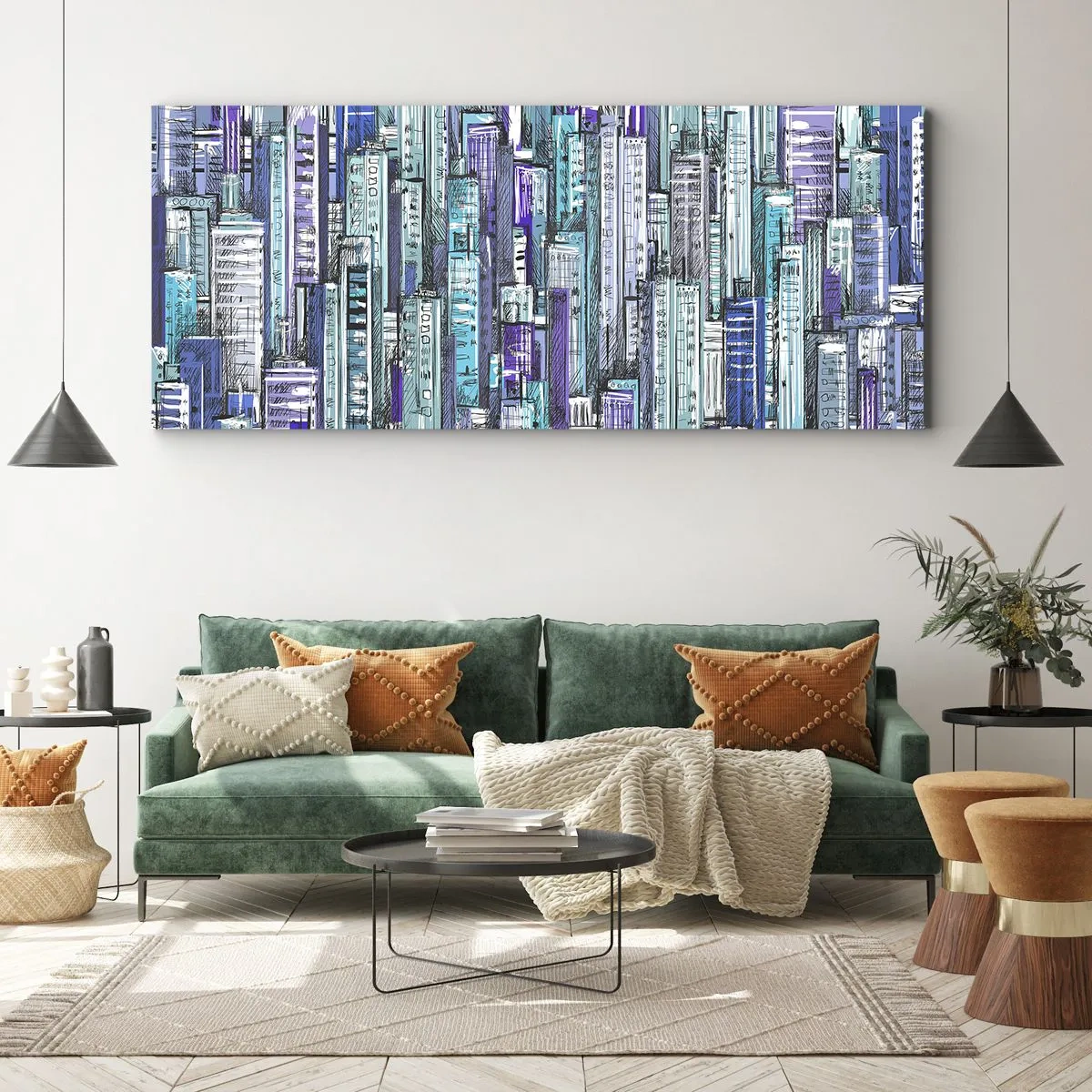 Quadro su tela - Stampe su Tela - Illustrazione di una città con edifici geometrici nelle tonalità del blu e del viola. - 160x50cm - Bluastri dal cielo - Decorazione murale moderna per soggiorno e camera da letto ARTTOR