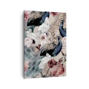 Quadro su tela - Stampe su Tela - Un paesaggio con piume di pavone, rose e uccelli in stile romantico. - 70x100cm - Nel giardino del palazzo - Decorazione murale moderna per soggiorno e camera da letto ARTTOR