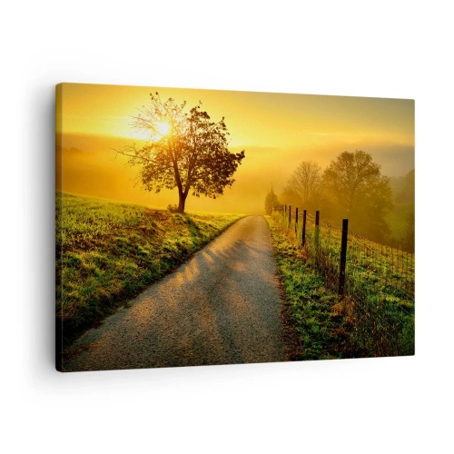 Quadro su tela - Stampe su Tela - Una strada pittoresca al tramonto con un albero solitario sullo sfondo - 70x50cm - Pomeriggio di miele - Decorazione murale moderna per soggiorno e camera da letto ARTTOR